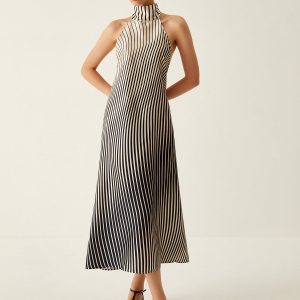 Chic Striped Halter Backless Midi Dress for Y2K Aesthetic and Coquette Style