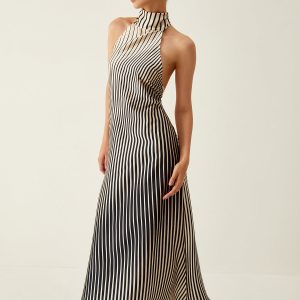 Chic Striped Halter Backless Midi Dress for Y2K Aesthetic and Coquette Style