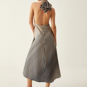 Chic Striped Halter Backless Midi Dress for Y2K Aesthetic and Coquette Style