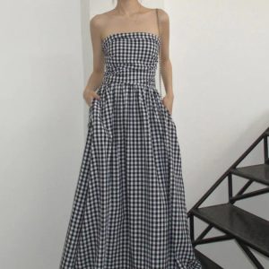 Chic Striped Strapless Midi Dress for Women - A-Line Sleeveless Summer Party Dress 2024