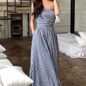 Chic Striped Strapless Midi Dress for Women - A-Line Sleeveless Summer Party Dress 2024