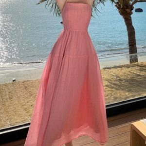 Chic Summer A-Line Spaghetti Strap Dress for Women - Solid Backless Beach Party Style