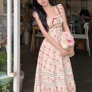 Chic Summer Floral Midi Dress - Elegant Beach Style Lace Dress for Evening Parties