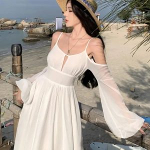 Chic Summer White Off-Shoulder A-Line Dress - Backless Beach Runway Sundress for Women