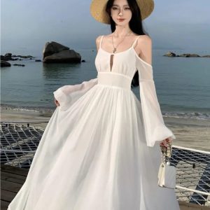 Chic Summer White Off-Shoulder A-Line Dress - Backless Beach Runway Sundress for Women