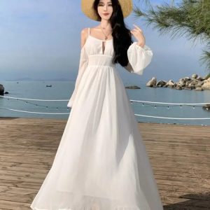 Chic Summer White Off-Shoulder A-Line Dress - Backless Beach Runway Sundress for Women