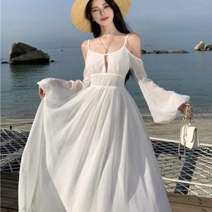 Chic Summer White Off-Shoulder A-Line Dress - Backless Beach Runway Sundress for Women