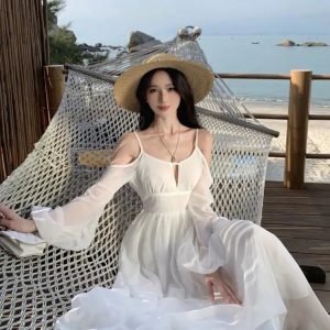 Chic Summer White Off-Shoulder A-Line Dress - Backless Beach Runway Sundress for Women