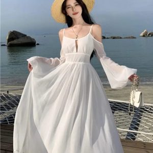 Chic Summer White Off-Shoulder A-Line Dress - Backless Beach Runway Sundress for Women