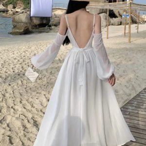 Chic Summer White Off-Shoulder A-Line Dress - Backless Beach Runway Sundress for Women