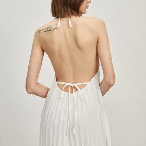 Chic Tie-Back Open Back Pleated Long Dress for Y2K Aesthetic and Coquette Style