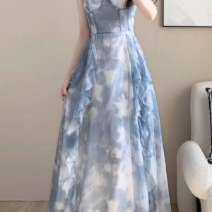 Chic Tie Dye Midi Dress for Women - Summer Spaghetti Strap A-Line Ruffle Beach Style