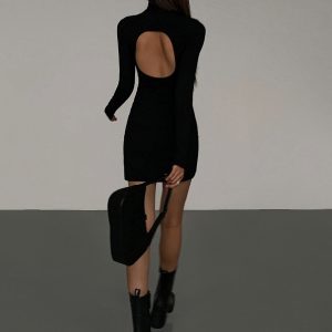 Chic Turtleneck Open Back Long Sleeve Mini Dress for Y2K Fashion Lovers