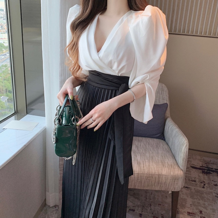 Chic Two Piece Chiffon Dress Set for Women - Pleated V Neck Ruched Long Sleeve Summer Dress