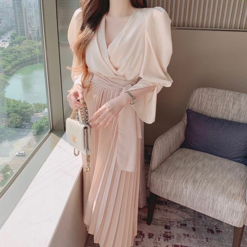 Chic Two Piece Chiffon Dress Set for Women - Pleated V Neck Ruched Long Sleeve Summer Dress