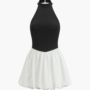 Chic Two-Tone Halter Puff Dress for Y2K Fashion Lovers and Coquette Aesthetic Enthusiasts