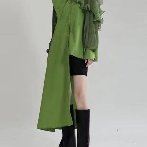 Chic Uneven Paneled Pleated Long-Sleeved Shirt for Y2K Aesthetic Outfits and Grunge Style