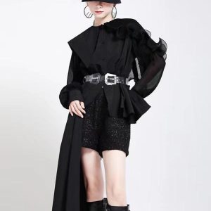 Chic Uneven Paneled Pleated Long-Sleeved Shirt for Y2K Aesthetic Outfits and Grunge Style