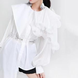 Chic Uneven Paneled Pleated Long-Sleeved Shirt for Y2K Aesthetic Outfits and Grunge Style