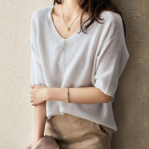 Chic Urban Solid Color V-Neck Knitting Pullover for Y2K Aesthetic Outfits