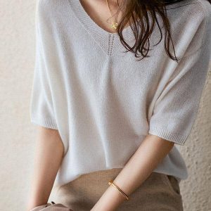 Chic Urban Solid Color V-Neck Knitting Pullover for Y2K Aesthetic Outfits