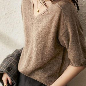 Chic Urban Solid Color V-Neck Knitting Pullover for Y2K Aesthetic Outfits