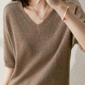 Chic Urban Solid Color V-Neck Knitting Pullover for Y2K Aesthetic Outfits