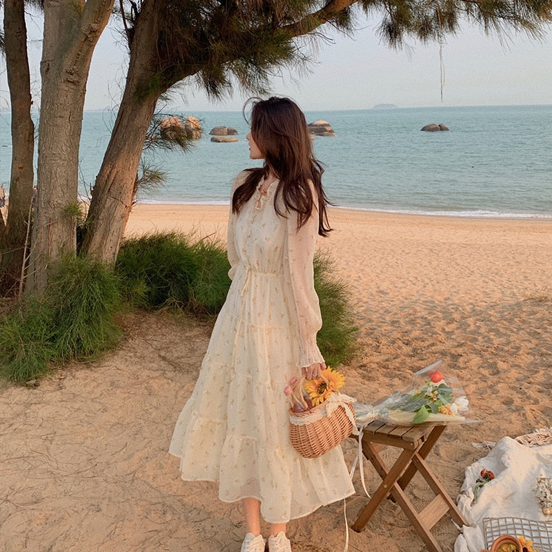 Chic V-Neck Floral Chiffon Dress for Women - Long Sleeve Summer Party & Beach Style