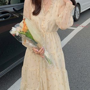 Chic V-Neck Floral Chiffon Dress for Women - Long Sleeve Summer Party & Beach Style