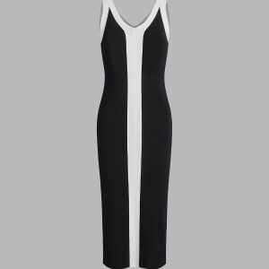 Chic V-Neck Monochrome Long Dress for Effortless Y2K Style and Aesthetic Outfits