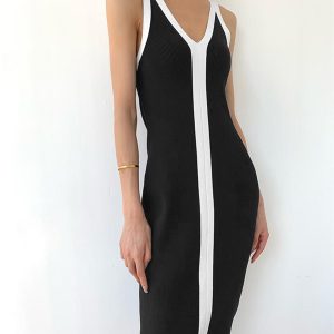 Chic V-Neck Monochrome Long Dress for Effortless Y2K Style and Aesthetic Outfits