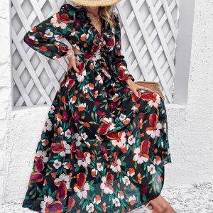 Chic V-Neck Ruffled Waist Casual Printed Dress for Effortless Y2K Fashion Vibes