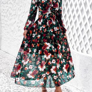 Chic V-Neck Ruffled Waist Casual Printed Dress for Effortless Y2K Fashion Vibes