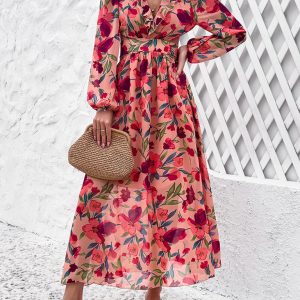 Chic V-Neck Ruffled Waist Casual Printed Dress for Effortless Y2K Fashion Vibes