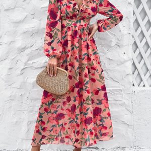 Chic V-Neck Ruffled Waist Casual Printed Dress for Effortless Y2K Fashion Vibes