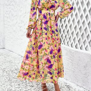 Chic V-Neck Ruffled Waist Casual Printed Dress for Effortless Y2K Fashion Vibes