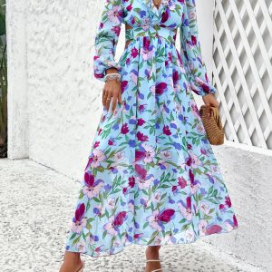 Chic V-Neck Ruffled Waist Casual Printed Dress for Effortless Y2K Fashion Vibes