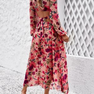 Chic V-Neck Ruffled Waist Casual Printed Dress for Effortless Y2K Fashion Vibes