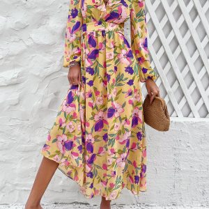 Chic V-Neck Ruffled Waist Casual Printed Dress for Effortless Y2K Fashion Vibes