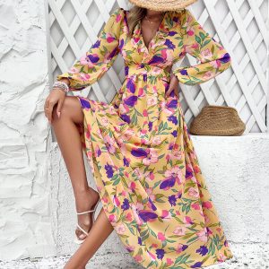 Chic V-Neck Ruffled Waist Casual Printed Dress for Effortless Y2K Fashion Vibes