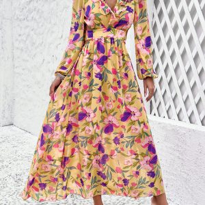 Chic V-Neck Ruffled Waist Casual Printed Dress for Effortless Y2K Fashion Vibes