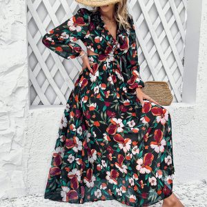 Chic V-Neck Ruffled Waist Casual Printed Dress for Effortless Y2K Fashion Vibes