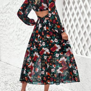 Chic V-Neck Ruffled Waist Casual Printed Dress for Effortless Y2K Fashion Vibes