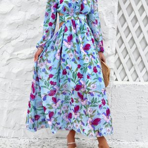 Chic V-Neck Ruffled Waist Casual Printed Dress for Effortless Y2K Fashion Vibes