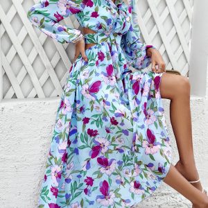 Chic V-Neck Ruffled Waist Casual Printed Dress for Effortless Y2K Fashion Vibes