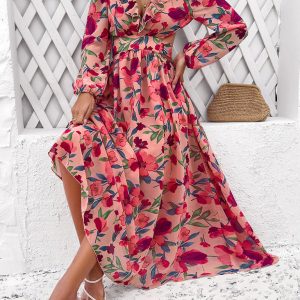 Chic V-Neck Ruffled Waist Casual Printed Dress for Effortless Y2K Fashion Vibes