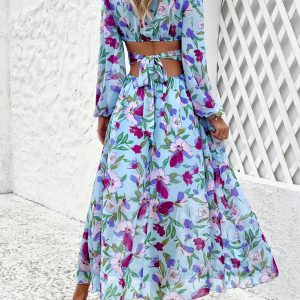 Chic V-Neck Ruffled Waist Casual Printed Dress for Effortless Y2K Fashion Vibes