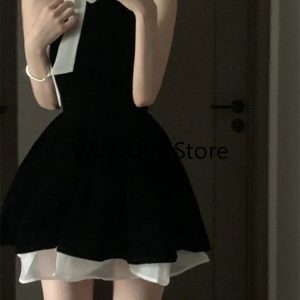 Chic Vintage Black Mini Dress for Women - Sleeveless Bow Bandage Patchwork Summer Fashion