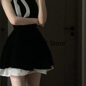 Chic Vintage Black Mini Dress for Women - Sleeveless Bow Bandage Patchwork Summer Fashion