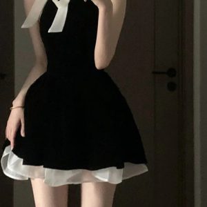 Chic Vintage Black Mini Dress for Women - Sleeveless Bow Bandage Patchwork Summer Fashion